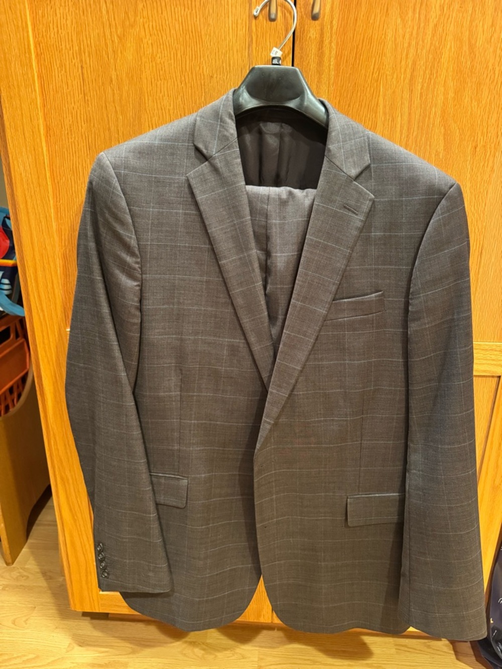 Stafford Brown and Light blue Windowpane Suit Jacket 46 Long / Pants 36W X 32L